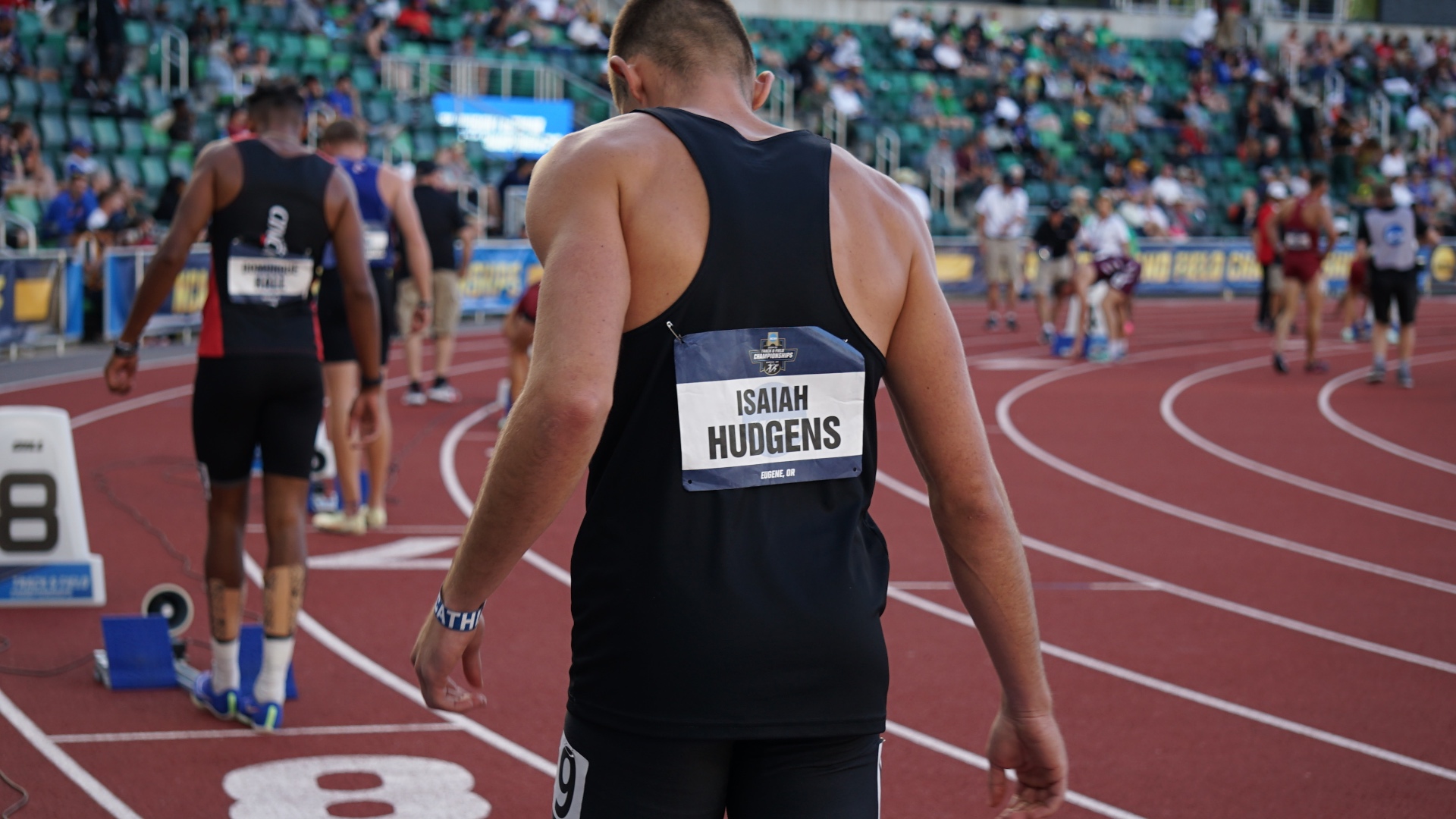 Isaiah Hudgens on the track at the NCAA Championships in Eugene, Oregon